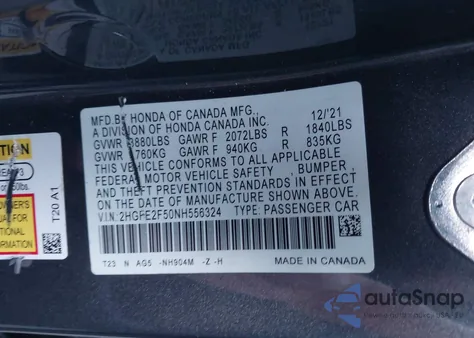 2022 Honda Civic Sport from USA, damaged, VIN 2HGFE2F50NH556324